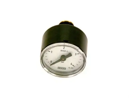 Manometer mit schwarzem Gehäuse und weißem Ziffernblatt, angezeigt in Bar. Die Marke Bosch ist erkennbar.